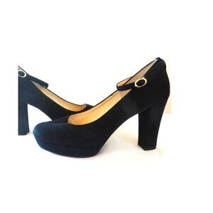 Esperanza Japan made Size JP24=8US Black Suede Leather 3" Block Heel Pumps